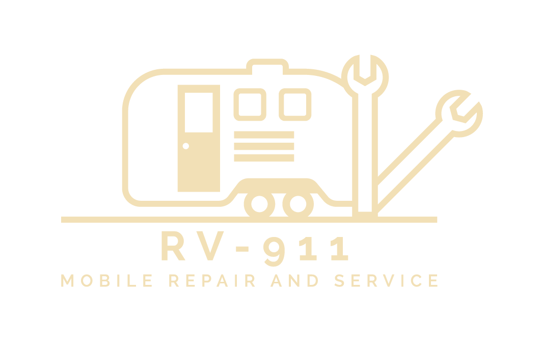 RV-911 logo - an icon of a R trailer with tools coming out the back like a swiss army knife.